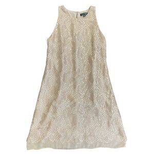 Womens Ralph Lauren Green Label Taupe Gold  Metallic Lace Dress Wedding Size 8